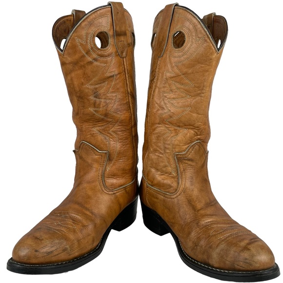 Vintage Other - Vintage Cowhide Steel-toe Western Cowboy Brown Leather Boots Stitchwork Mens 8.5
